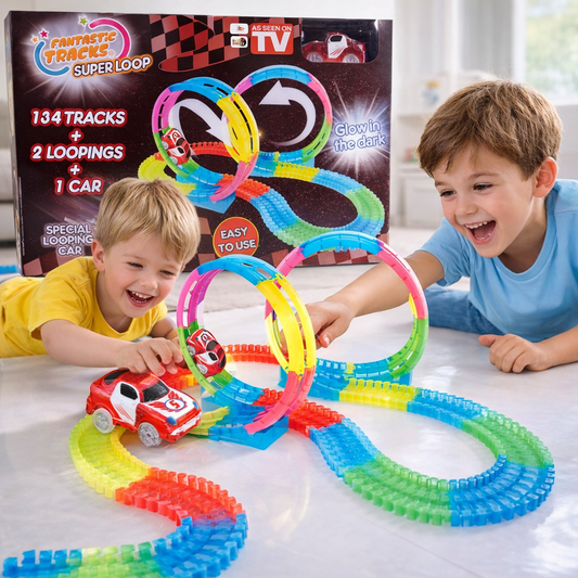 Set de cochecitos y pista de carreras moldeable que brilla en la oscuridad